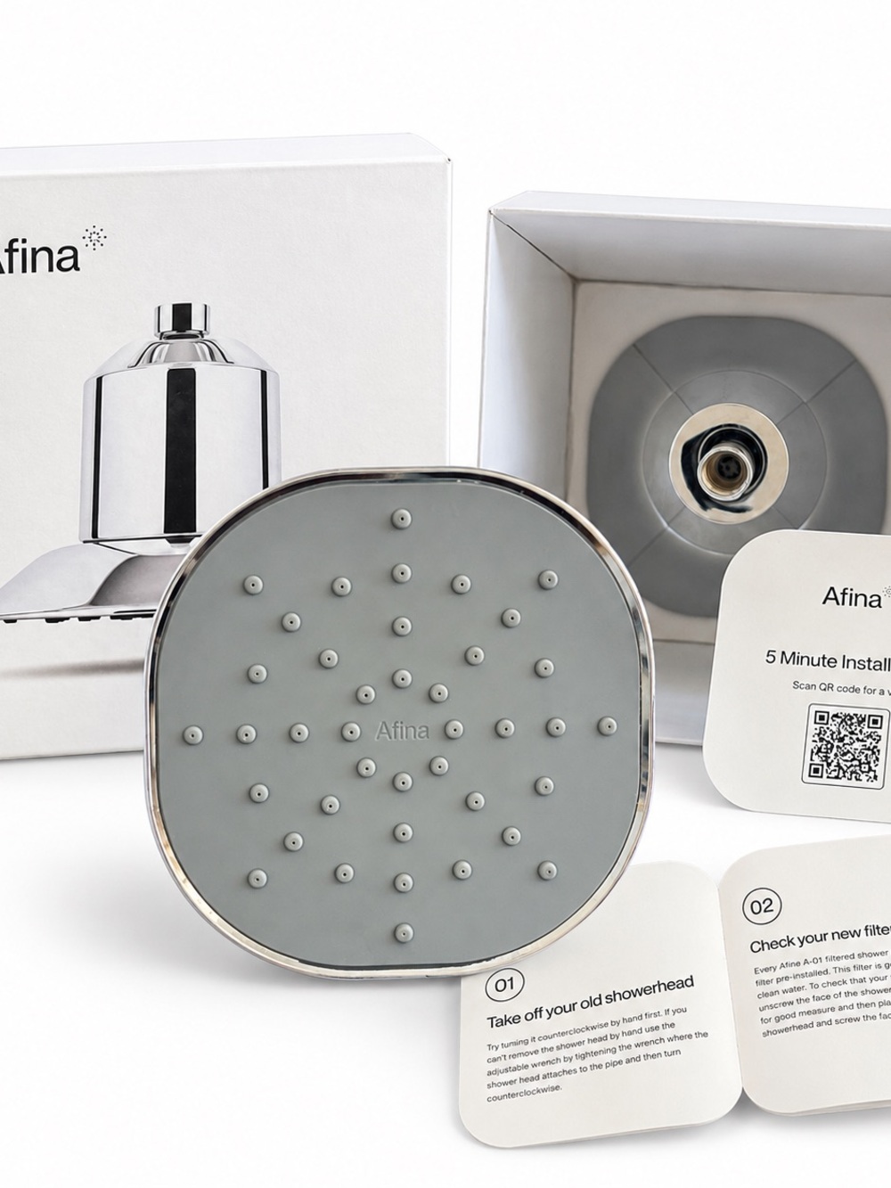 Afina A-01 filtered shower head in chrome. Open box and unused.